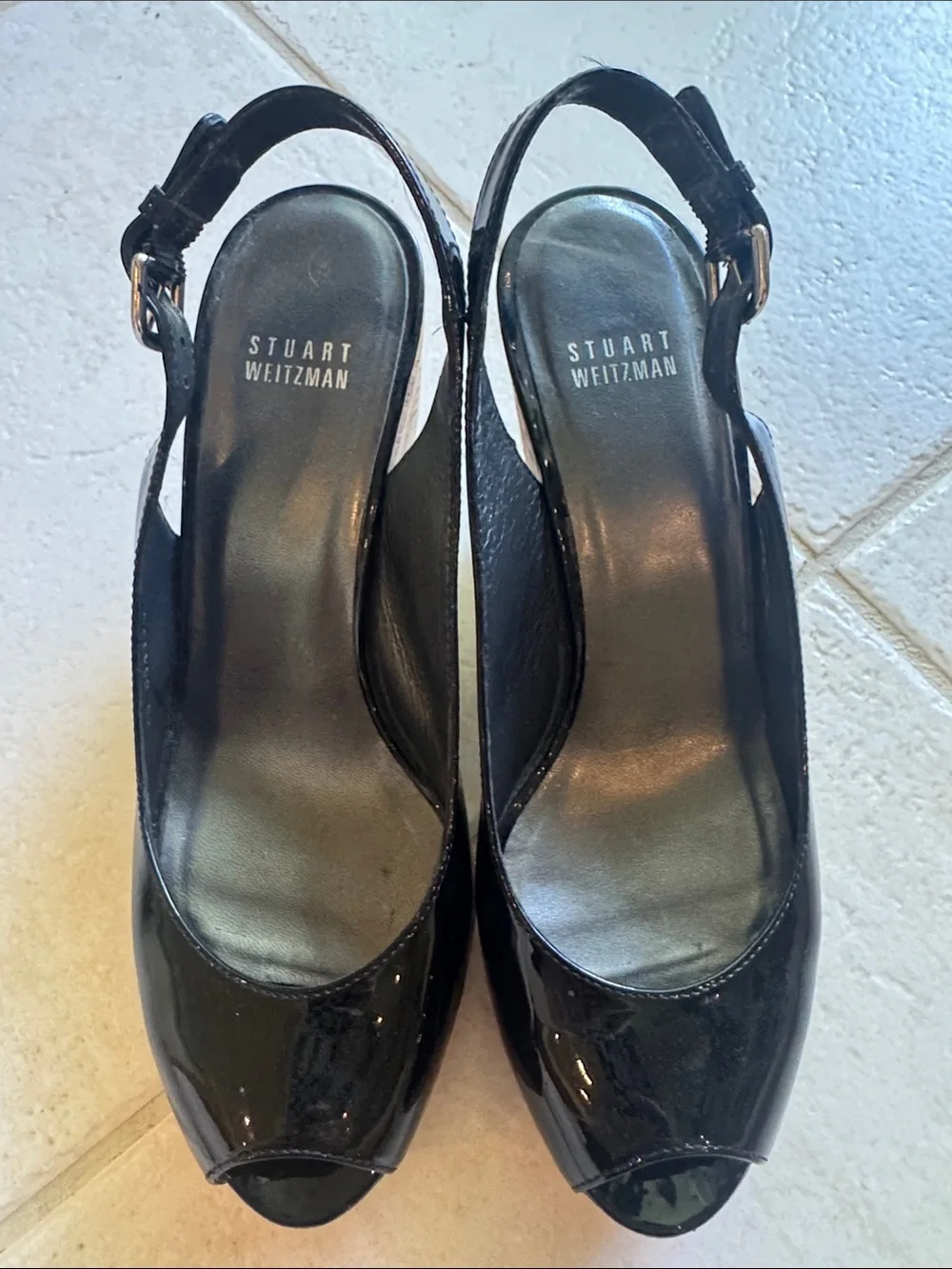 Stuart Weitzman Black Patent Cork Wedge peep toe Sandal Size 8
